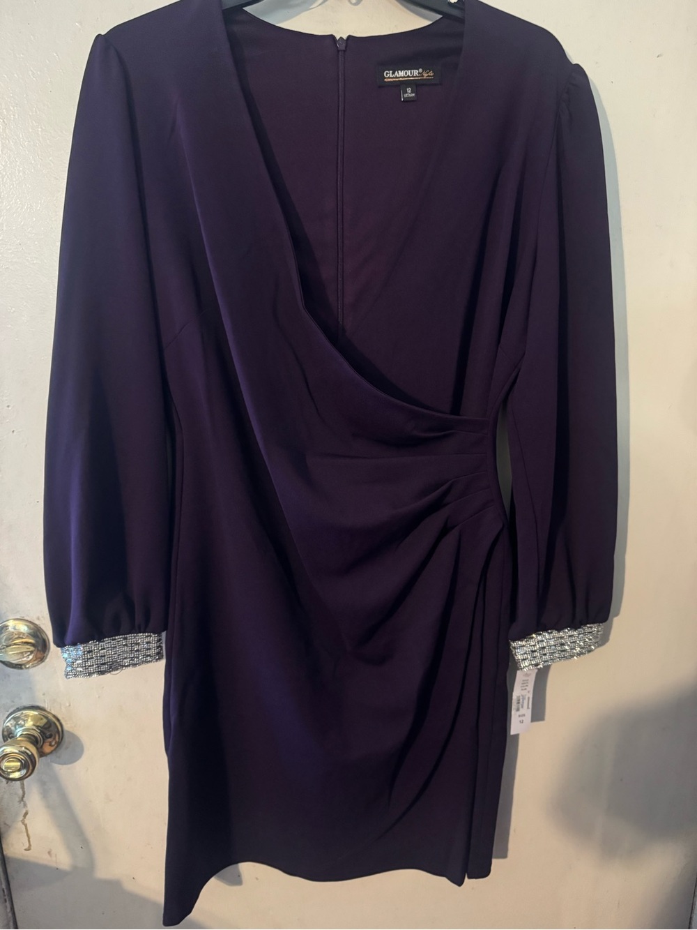 Tahari ASL Deep Purple Long-Sleeve Draped Dress with Beaded Cuffs